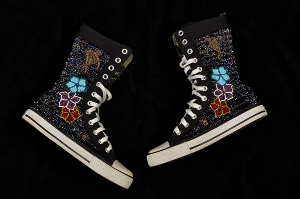 Neskonlith Beaded Shoes, custom beads and canvas sneakers, 2007